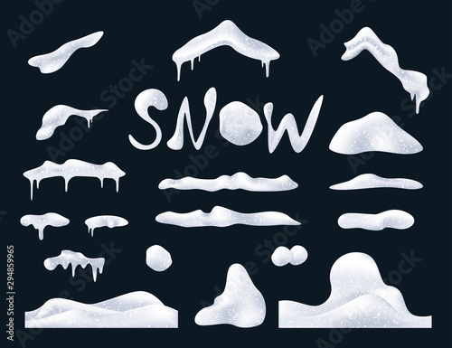 Set winter design, collection of snow decorations snow, icicle, snowdrifts, snow cap. Vector set elements for winter design and Christmas holidays.