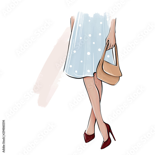 Vector girl in high heels, dress with bag. Fashion illustration. Female legs in shoes. Cute girly design. Elegant outfit.