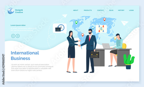 International business, workers trade, worldwide work, communication with laptop. Teamwork cooperation, man and woman corporate, handshake vector. Website or webpage template, landing page flat style