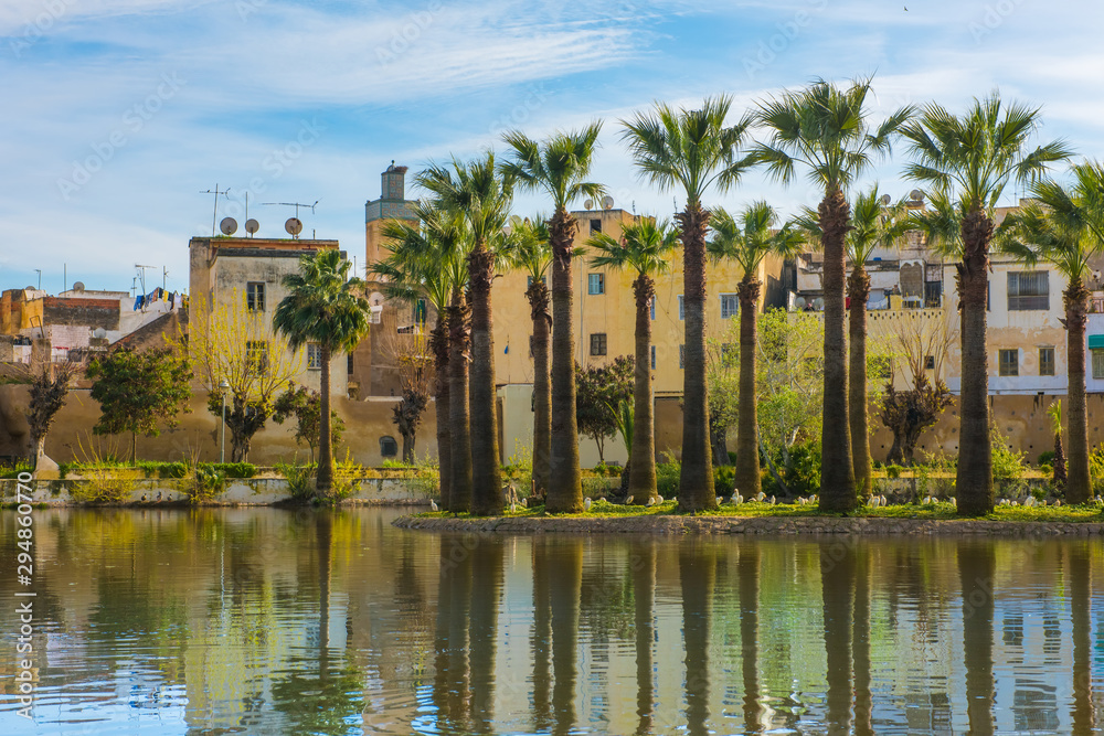 Jnan Sbil or Bou Jeloud garden, Royal Park in Fez with lake and palms, Fez Morocco