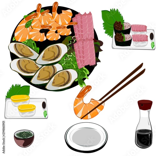 Sashimi,  shrimp, Sushi, tuna and caviar wrapped in seaweed in a delicious Japanese restaurant. flat vector illustration.