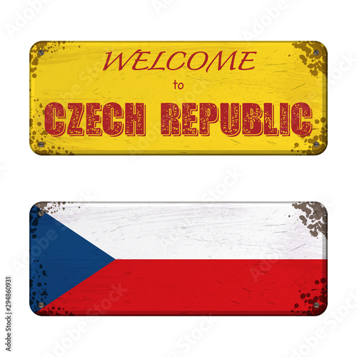 Two old grunge nameplates with Czech Repablic welcome text photo