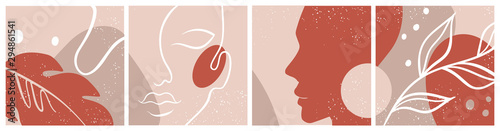 Abstract set with Woman face, silhouette, floral elements one line drawing.