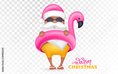 Santa Claus wearing flamingo swim ring. Tropical Christmas. Vector illustration.