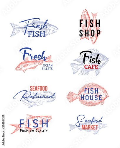 Set of isolated icons with fish sketches. Food