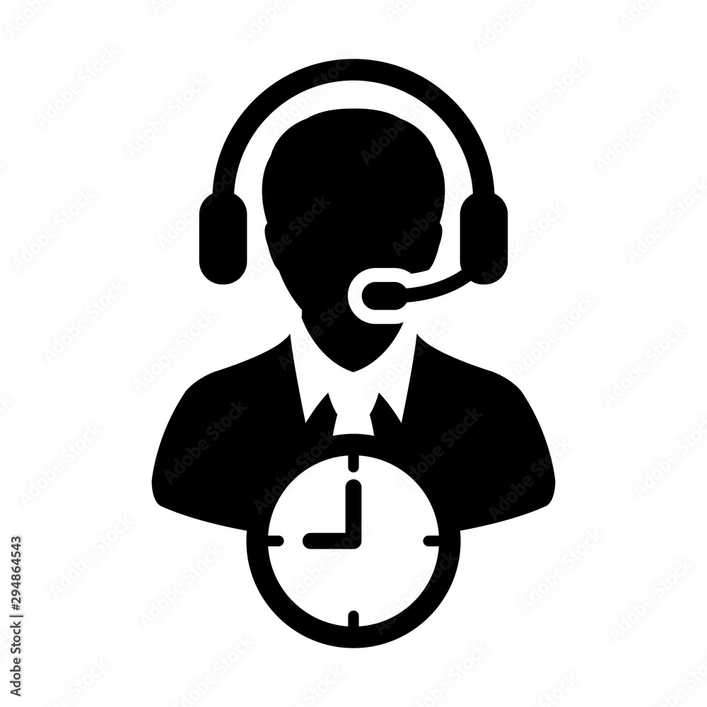 Call center icon vector with clock symbol and male customer care support business service person profile avatar with headphone for online assistant in glyph pictogram illustration Call center icon vector with clock symbol and male customer care support business service person profile avatar with headphone for online assistant in glyph pictogram illustration