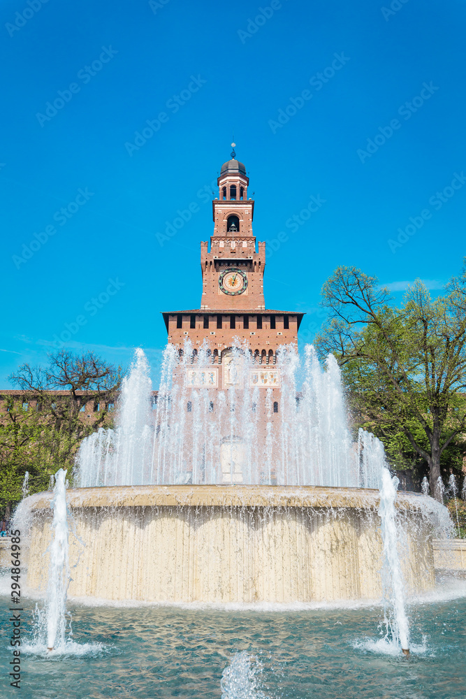 Wide angle of Sforza Castle and the fountain, Milan. Sforza Castle (Castello Sforzesco) is in Milan, Italy, built in the 15th century by Francesco Sforza, Duke of Milan