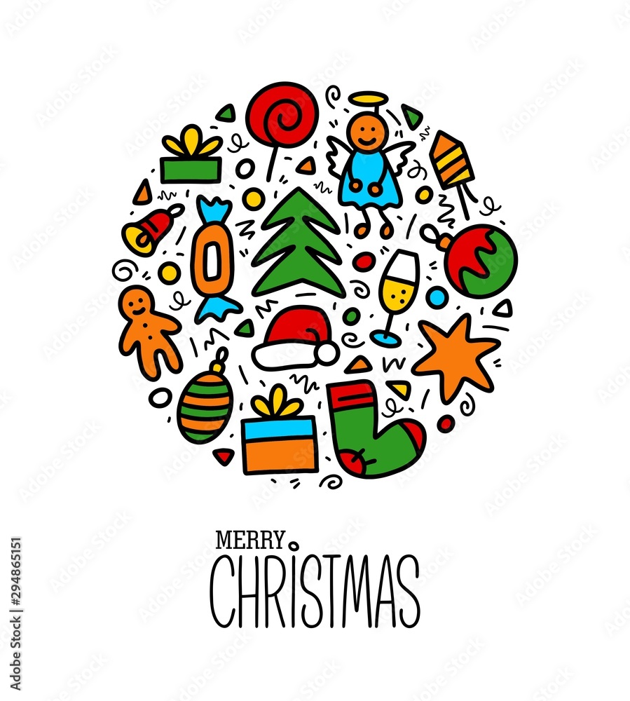 Vector greeting Christmas and New Year card with colorful hand drawn doodle tree, balls, santa hat, candy, sock, star and presents on white background.