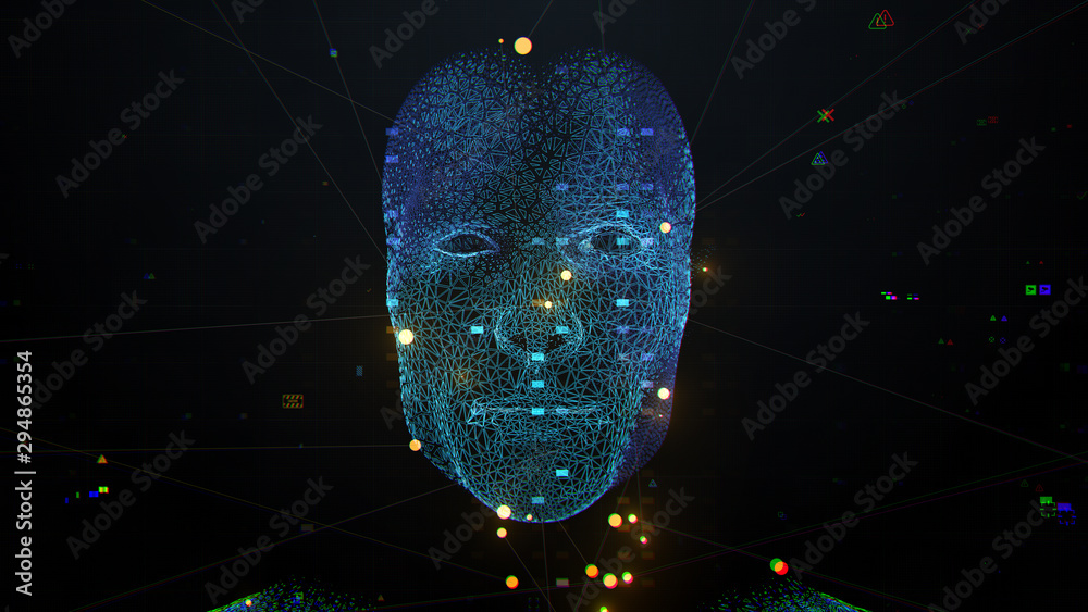 3d render of abstract face analysis. Biometric identification scan concept.  Authentication technology. - obrazy, fototapety, plakaty 