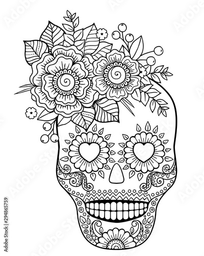 Coloring for adult for Day of the Dead. Mexican festival. Black and white coloring pages with skull and flowers