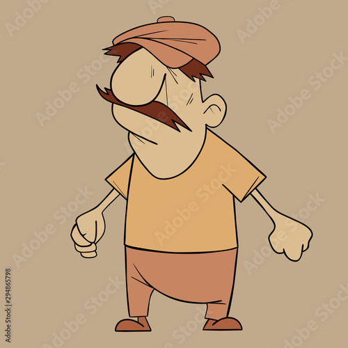 cartoon angry mustachioed man in a cap clenched his fists