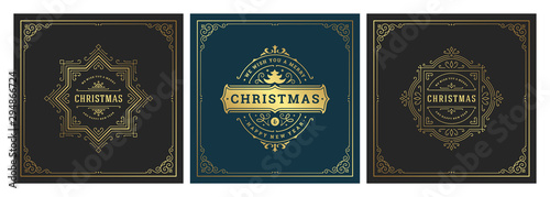 Christmas square banners vintage typographic design, ornate decorations symbols vector illustration