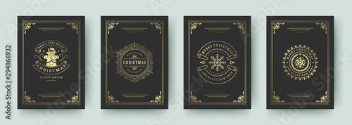 Christmas greeting cards vintage design, ornate decoration symbols and winter holidays wishes vector illustration