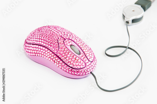 computer mouse, pink optical manipulator with decorative rhinestones