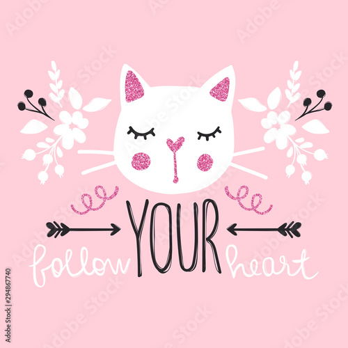 Cute cat vector illustration. Girly kittens. Fashion Cat's face.