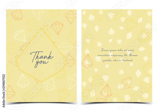 Vector illustration of greeting card with jewels, diamant. Decorative background with thank you text. Set of greeting cards