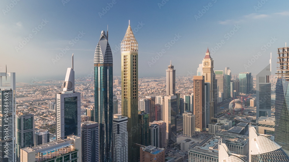 Skyline view of the buildings of Sheikh Zayed Road and DIFC aerial timelapse in Dubai, UAE.