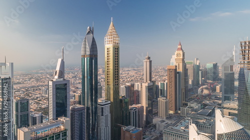 Skyline view of the buildings of Sheikh Zayed Road and DIFC aerial timelapse in Dubai  UAE.