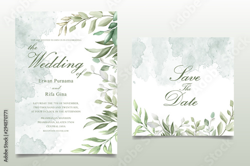 Greenery Watercolor Floral wedding invitation template card design photo