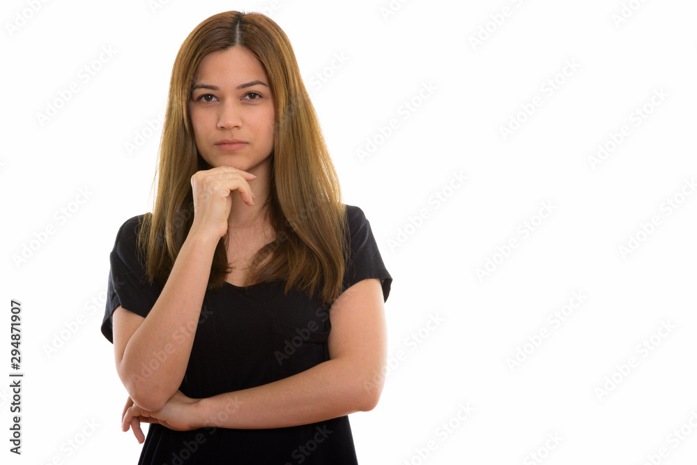 Studio shot of young beautiful woman thinking Studio shot of young beautiful woman thinking