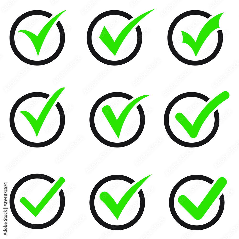 Green tick icon vector symbol, checkmark isolated on white background, checked icon or correct choice sign, check mark or checkbox pictogram