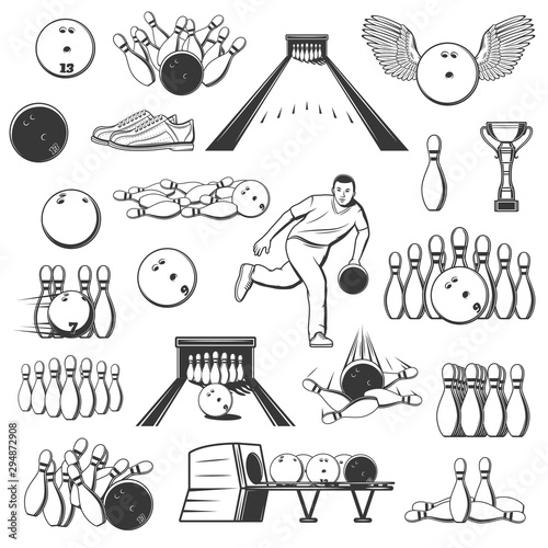 Bowling sport items, equipment, bowler and pins