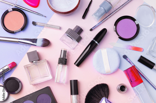 Makeup products and cosmetics, flat lay. Fashion and beauty blogging concept. Top view