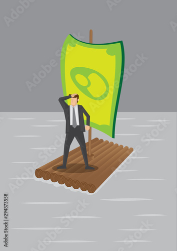 Businessman on Raft with Money Sail Vector Illustration