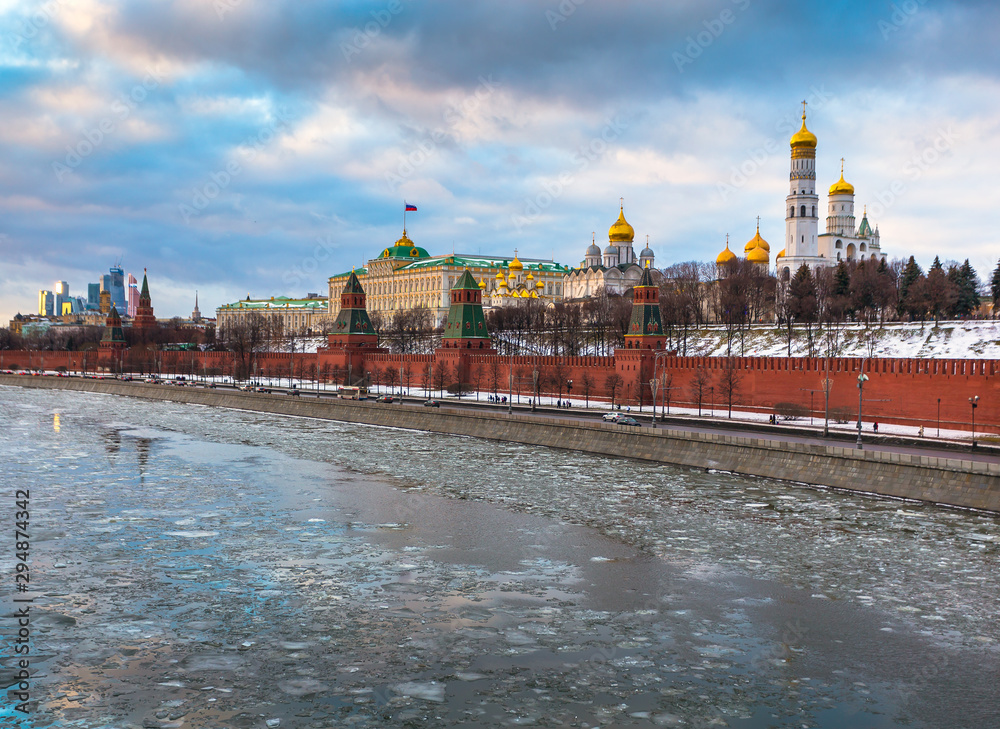 Moscow river and Kremlin embankment at winter