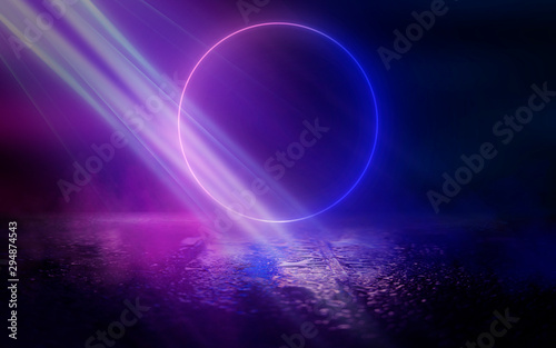 Wallpaper Mural Empty dark street, reflection of neon light in the puddles of the night city. Neon circle in the center, magical glow, light, rays, smoke. Torontodigital.ca