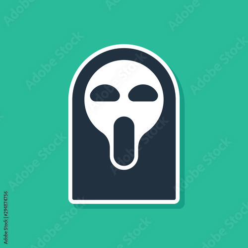 Blue Funny and scary ghost mask for Halloween icon isolated on green background. Happy Halloween party. Vector Illustration