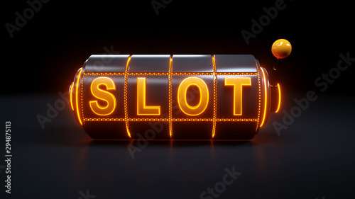 Casino Slot Machine Gambling Concept With Neon Orange Lights - 3D Illustration photo