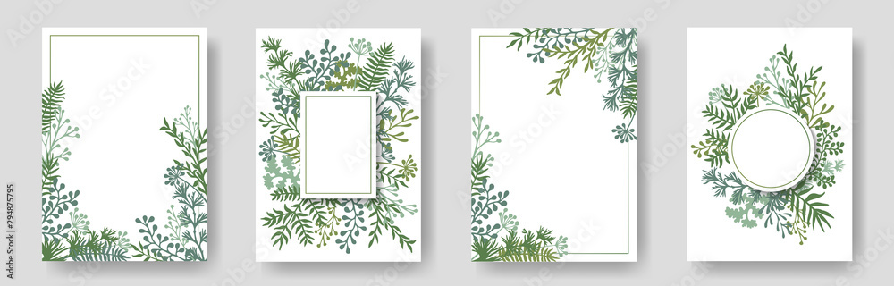 Rustic invitation cards with herbal twig branches wreath and corners border frames.