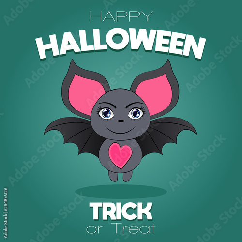 Funny Halloween greeting card with cute bat Happy Halloween! Trick or Treat! Funny cartoon sceleton on dark background. Vector isolated illustration