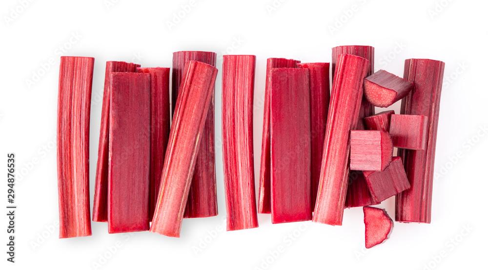 Rhubarb stalks on a white background. top view