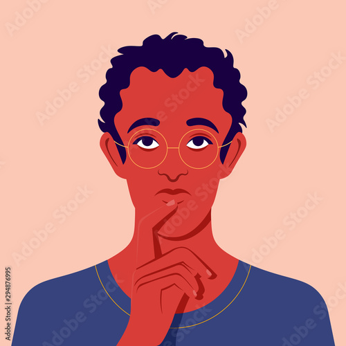 Portrait of a thinking man. Suppose. Guess and make a decision. Guy avatar. Vector flat illustration