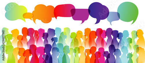 Dialogue large group of diverse people. Communication between people. Crowd talking. Silhouette profiles. Rainbow colours. Speech bubble.Interview
