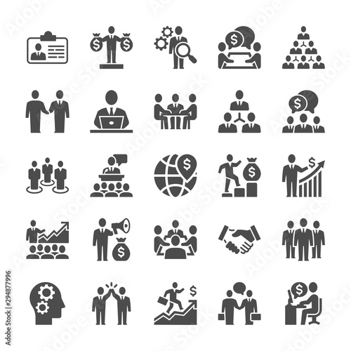 Business situations. Communication, Teamwork, People and Money. Set of flat icons