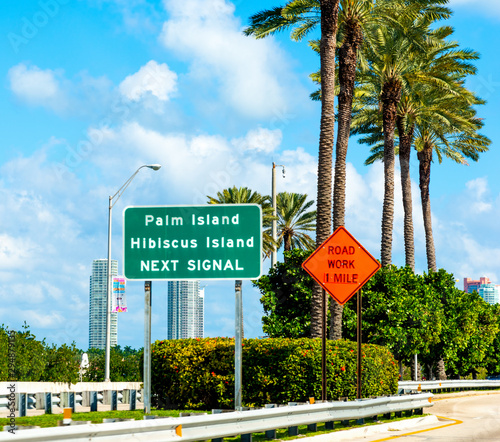 Palm Island and Hibiscus island road sign in Miami photo