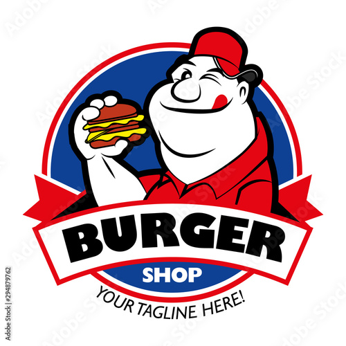 Cartoon hungry fat man with red cap holding a burger on signage  round background - vector logo