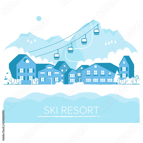 Ski resort vacation with ski lift. Winter outdoor holiday activity sport in alps, landscape with mountain view and forest. Alpine village chalet. Flat style