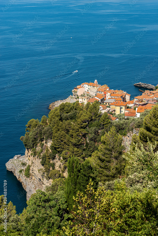Aerial view of the ancient and small village of Tellaro, near Lerici, in the Gulf of La Spezia, Liguria, Italy, Europe