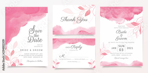 Wedding invitation card template set with watercolor and glitter floral decoration. Abstract pink background save the date, invitation, greeting card, multi-purpose vector