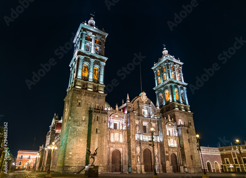 Puebla Cathedral in Mexico at night