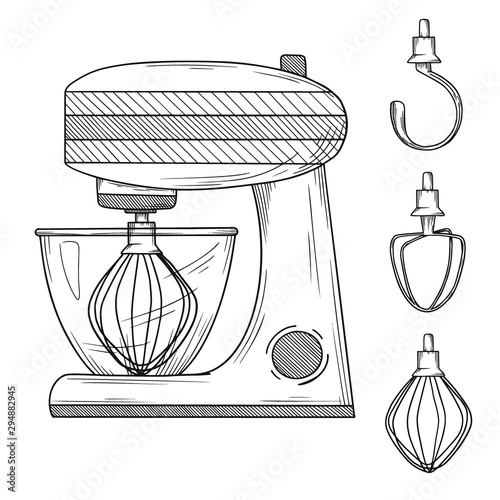 Food processor with different nozzles isolated on white background. Vector illustration