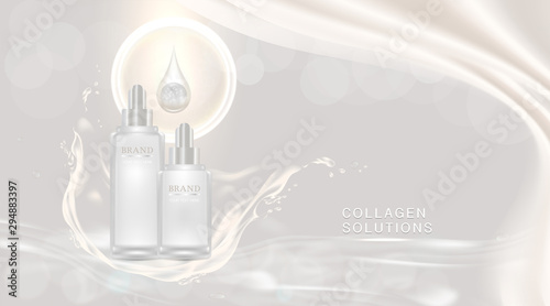 Beauty product ad design, white cosmetic containers with collagen solution advertising background ready to use, luxury skin care banner, illustration vector.