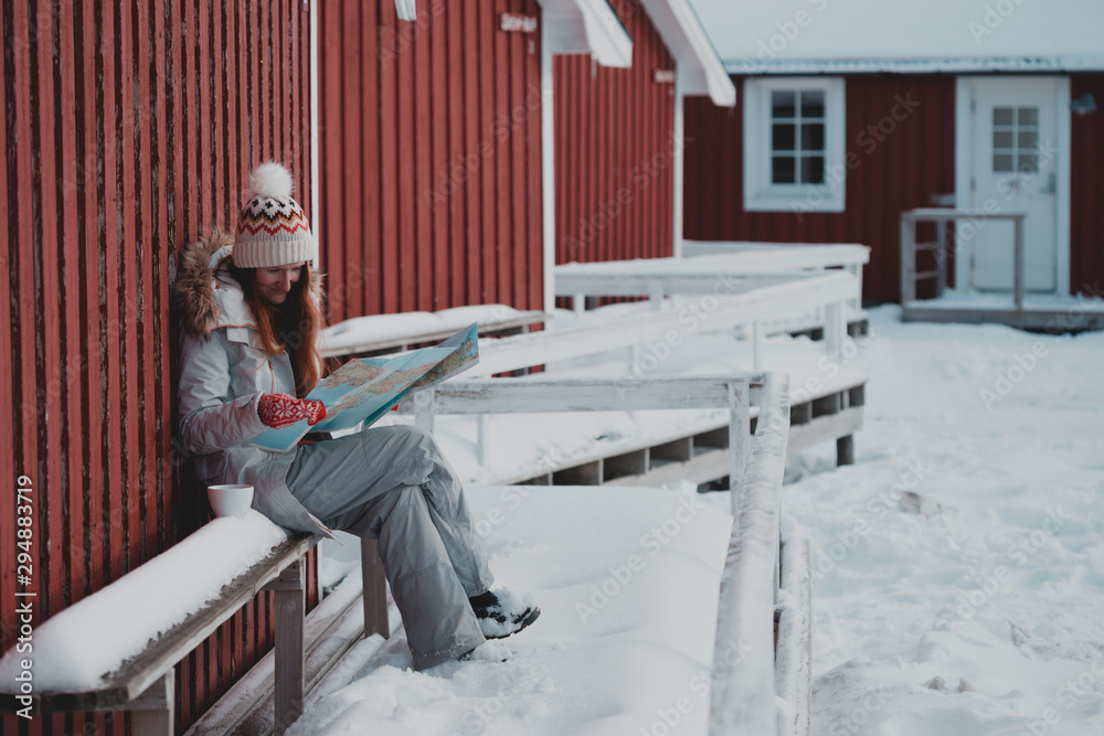 tourist girl at the lofoten islands tourist girl at the lofoten islands