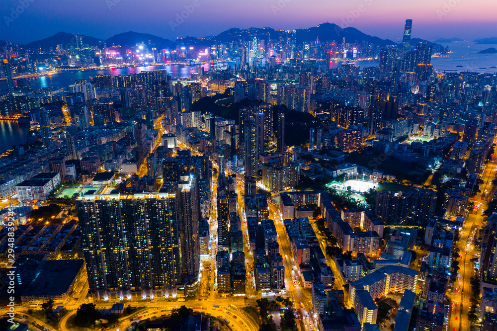 Fototapeta premium Top view of Hong Kong city at night
