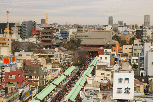 Tokyo, Japan - Februry 10, 2019 : Top view Nakamise shopping street in Asakusa or Sensoji temple. This is Japan's famous tourist attractions photo