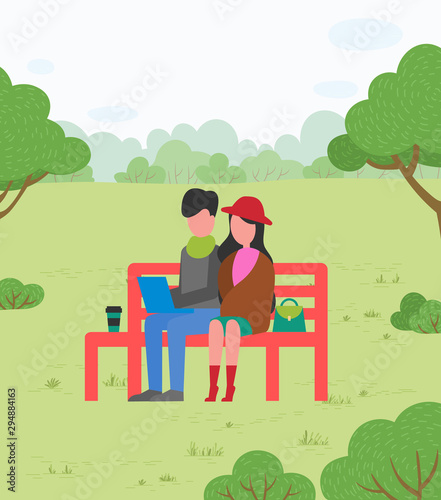 Suburbs park  couple sitting on bench with laptop. Man and woman on forest meadow  coffee cup and purse  tree and bushe  recreation and nature. Vector illustration in flat cartoon style